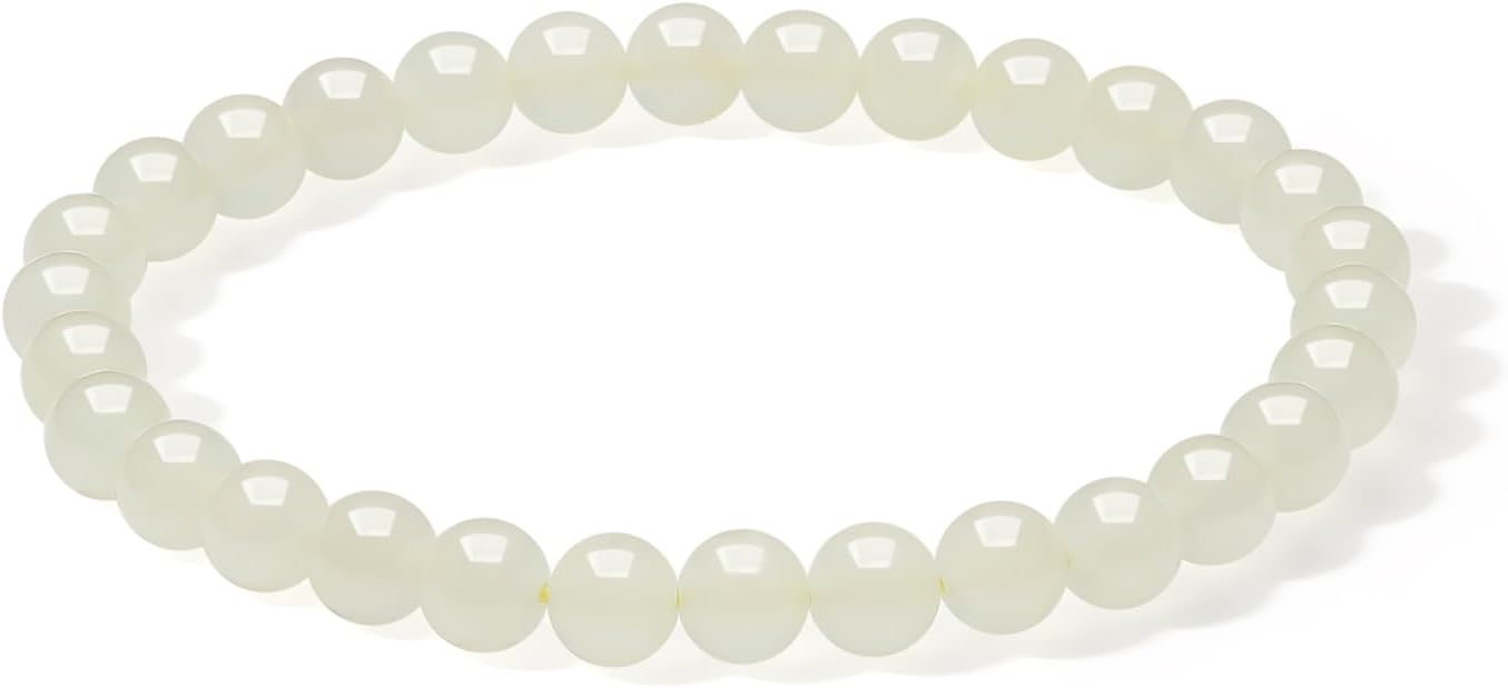 Light Yellowish White Hetian Jade Bracelets 6mm Round Beaded Bracelet Healing Gemstone Stretch Bracelet Jewelry for Women Wife Mom fts New Year Birthday Anniversary 17cm/6.7"