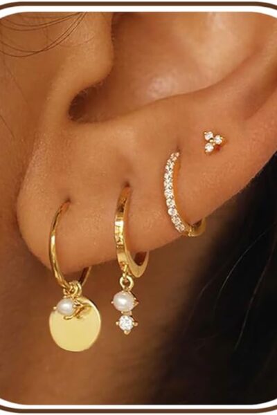 Gold Earrings For Women, Dainty  Earrings Stack 14K Gold Plated Pearl Dangle Earrings for Women Trendy Cute Hypoallergenic Unique Gold Earring Stack Fashion Gold Jewelry fts