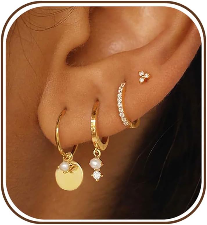 Gold Earrings For Women, Dainty Earrings Stack 14K Gold Plated Pearl Dangle Earrings for Women Trendy Cute Hypoallergenic Unique Gold Earring Stack Fashion Gold Jewelry fts