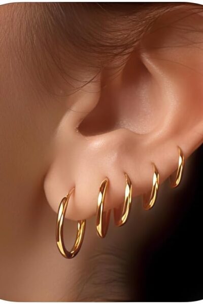 5 Pairs 14K Gold Plated  Earrings for Women - Lightweight Minimalist Small Hoops, Hypoallergenic Nickel-free Lead-free, Non-Tarnish Everyday Jewelry for Sensitive Ears, Multiple Piercing Stack Set
