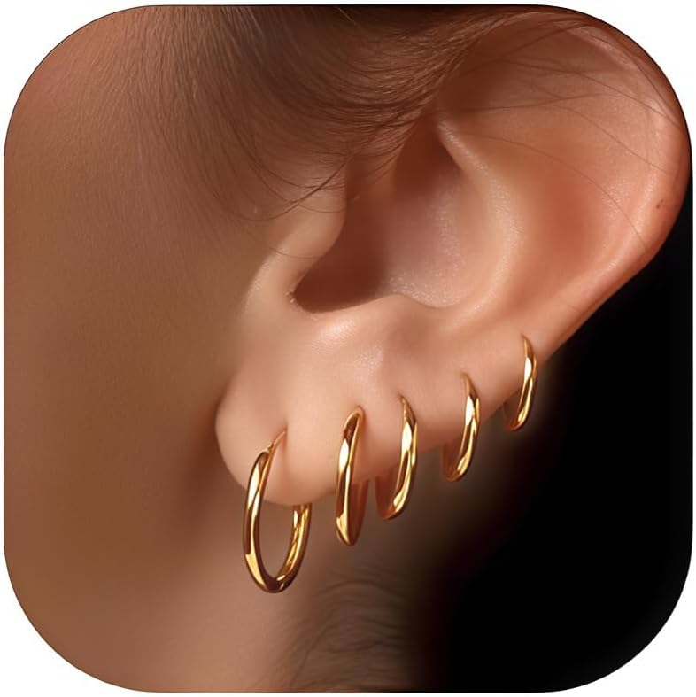 5 Pairs 14K Gold Plated Earrings for Women - Lightweight Minimalist Small Hoops, Hypoallergenic Nickel-free Lead-free, Non-Tarnish Everyday Jewelry for Sensitive Ears, Multiple Piercing Stack Set