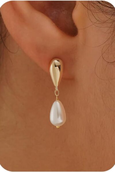 Pearl Earrings-14K Gold Plated Dainty Pearl Drop Simple Wedding  Dangle Dangling Cute Stud Earrings for Brides Earrings for Women fts