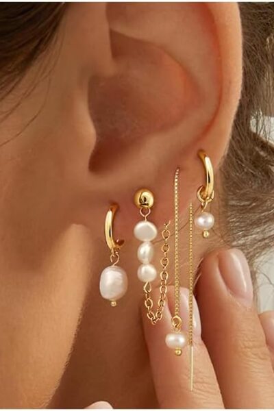 Pearl Hoop Earrings for Women, Gold Plated  Drop Earrings | Hypoallergenic pearl hoop earrings designed for multiple piercings, cartilage styling and everyday wear