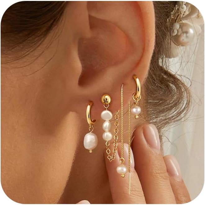 Pearl Hoop Earrings for Women, Gold Plated Drop Earrings | Hypoallergenic pearl hoop earrings designed for multiple piercings, cartilage styling and everyday wear
