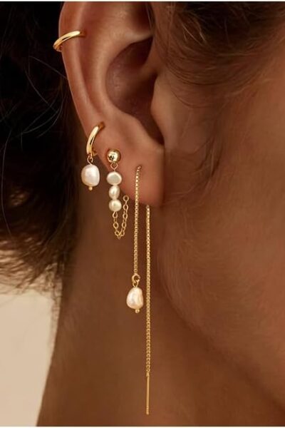 Pearl Earrings for Women, Gold Plated  Drop Earrings | Hypoallergenic pearl hoop earrings designed for multiple piercings, cartilage styling and everyday wear