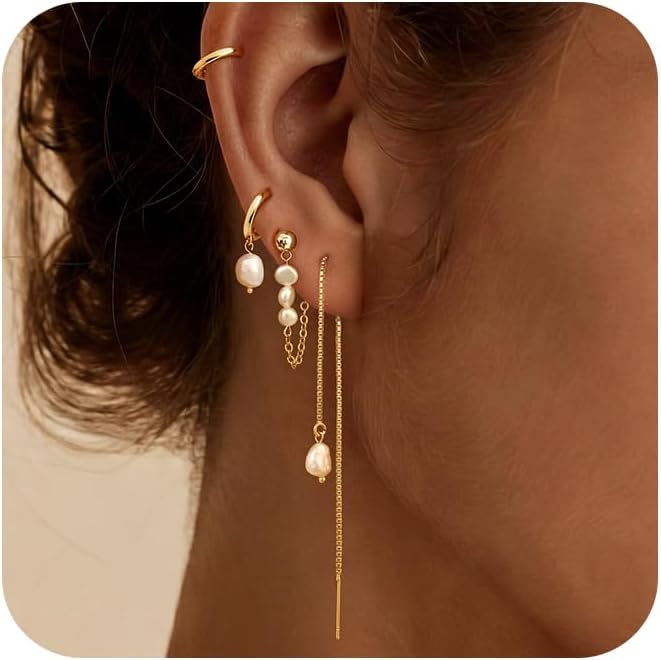 Pearl Earrings for Women, Gold Plated Drop Earrings | Hypoallergenic pearl hoop earrings designed for multiple piercings, cartilage styling and everyday wear