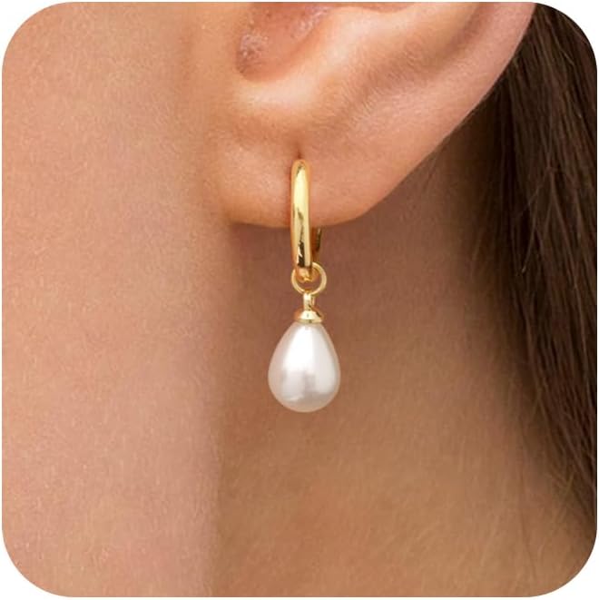 Gold Pearl Dangle Earrings for Women, 14K Gold Plated Small Pearl Drop Earrings, Hypoallergenic Dainty Gold Earrings Wedding Jewelry fts for Women Trendy