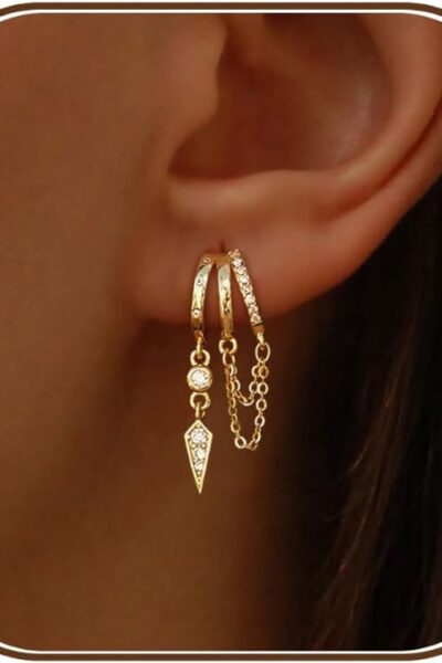 Dangle Earrings for Women,14k Gold Plated Triple  Stud Earrings Cute Statement Chain Earring Dainty Drop Earrings for Women Trendy Gold Plated Jewelry