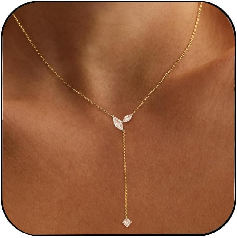 Gold Necklace for Women - Dainty Long Necklace 14K Gold Plated Clover Star Teardrop Y Shaped Drop Necklaces Cute Long Necklaces for Women Trendy Prom Formal Women Jewelry