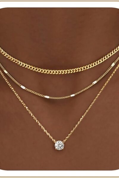 Womenfts Layered Gold Necklaces for Women, 14K Gold Sterling Silver Plated Dainty Pendant Necklace Set Non Tarnish, Chunky Stackable Cuban Chain , Trendy Birthstone Vacation Jewelry ft