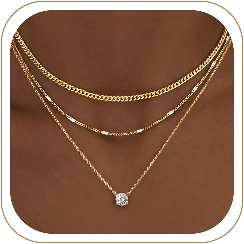 Womenfts Layered Gold Necklaces for Women, 14K Gold Sterling Silver Plated Dainty Pendant Necklace Set Non Tarnish, Chunky Stackable Cuban Chain , Trendy Birthstone Vacation Jewelry ft