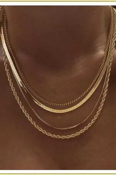 Layered Necklaces for Women Non Tarnish- Chunky 14k Gold Plated Herringbone/Snake/Rope/Box/Cuban Link Chain for Women Waterproof Layering Stack  Necklace Trendy Dainty Tarnish Free Jewelry Set