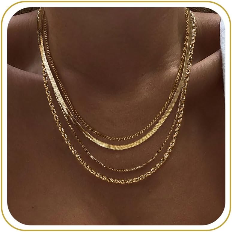 Layered Necklaces for Women Non Tarnish- Chunky 14k Gold Plated Herringbone/Snake/Rope/Box/Cuban Link Chain for Women Waterproof Layering Stack Necklace Trendy Dainty Tarnish Free Jewelry Set
