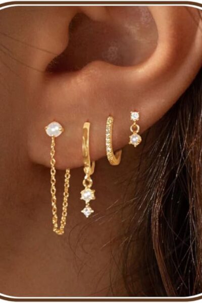 Gold Earrings for Women, 14k Gold Plated Dangle  Earrings for Women Trendy Dainty Gold Hoop Earring Stacks Hypoallergenic Pearl Chain Drop Cartilage Earring Fashion Women Jewelry