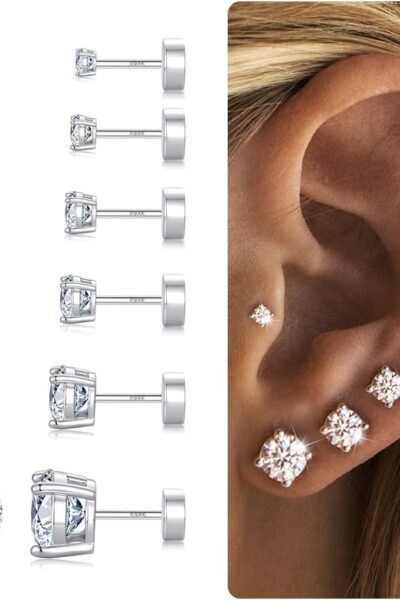 6 Pairs Hypoallergenic Silver-Plated Flat Back Earrings for Women,Stud Cartilage Earrings for Sensitive Ears Cubic Zirco Ball Earring Screw Back Helix Conch Piercing Sets Trendy Jewelry fts
