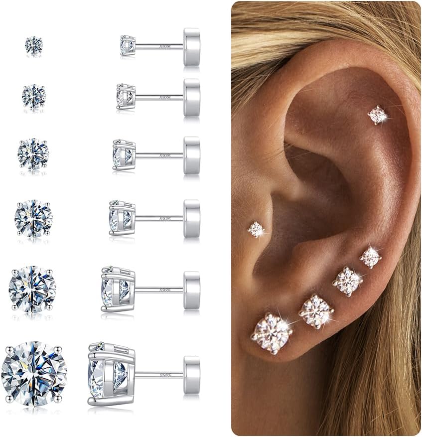 6 Pairs Hypoallergenic Silver-Plated Flat Back Earrings for Women,Stud Cartilage Earrings for Sensitive Ears Cubic Zirco Ball Earring Screw Back Helix Conch Piercing Sets Trendy Jewelry fts