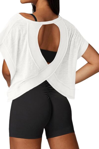 Open Back Workout Tops for Women Loose Fit Athletic Crop Tee Short Sleeve Gym Running Yoga Shirt