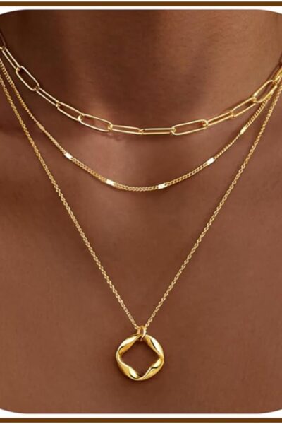 Layered Gold Necklaces for Women, Stackable Dainty 14K Gold Silver Plated Trendy Simple Heart Diamond Cross Bow Circle Pendant   Dot Chain Necklace,Jewelry Set fts for Women