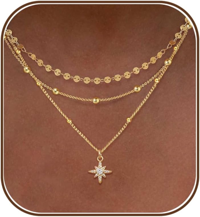 Layered Necklaces for Women, Dainty Gold Necklace Stack 14k Gold Plated Layering Beads Pendant Necklace Set Simple Statement Gold Necklaces for Women Trendy Fashion Gold Jewelry Sets