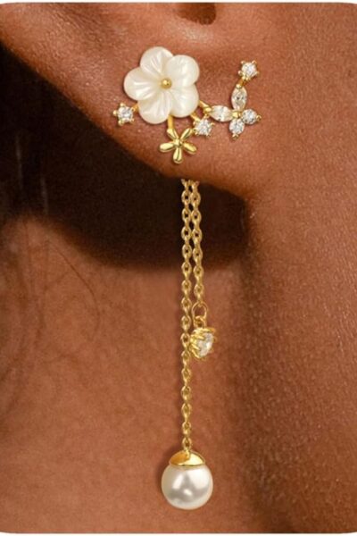 Dangle Pearl Drop Earrings For Women Trendy Long Threader Chain Dainty Flower Wedding Earrings For Brides  Cute 14K Gold Statement Sparkly Jewelry