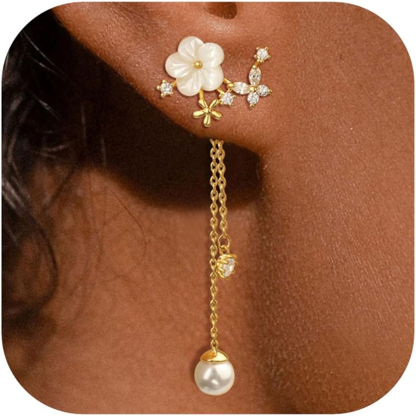 Dangle Pearl Drop Earrings For Women Trendy Long Threader Chain Dainty Flower Wedding Earrings For Brides Cute 14K Gold Statement Sparkly Jewelry