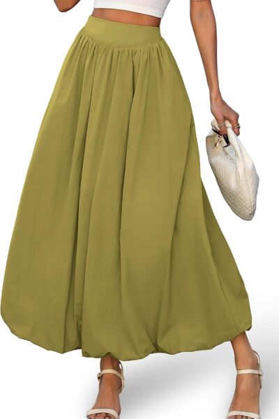 Women Bubble Maxi Skirt, Elastic Waist Puffy Hem A-Line Skirt with Pockets