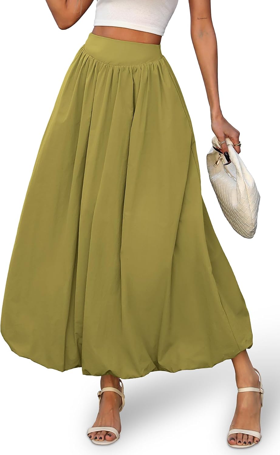 Women Bubble Maxi Skirt, Elastic Waist Puffy Hem A-Line Skirt with Pockets