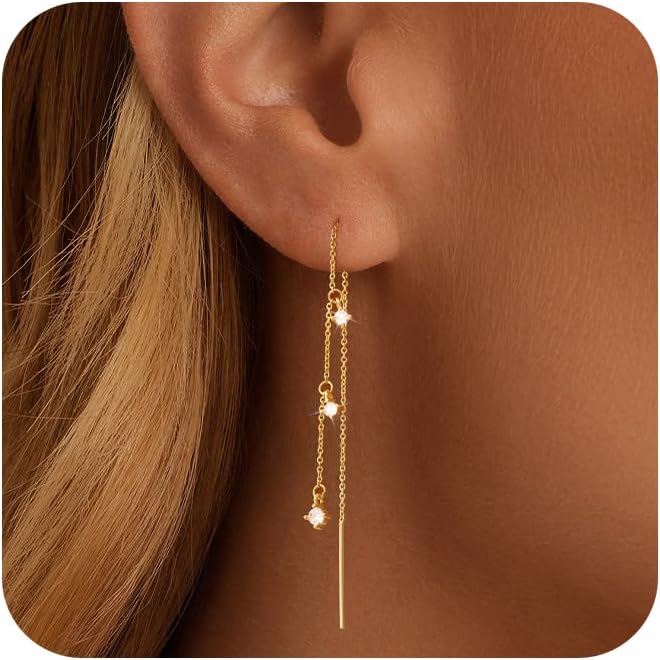 Gold Dangle Earrings for Women Non Tarnish 14K Gold Plated Drop Wedding Hypallergenic Earring Dainty Long Hanng Chain Pearl Threader Earrings Trendy Silver Plated Jewelry for Women
