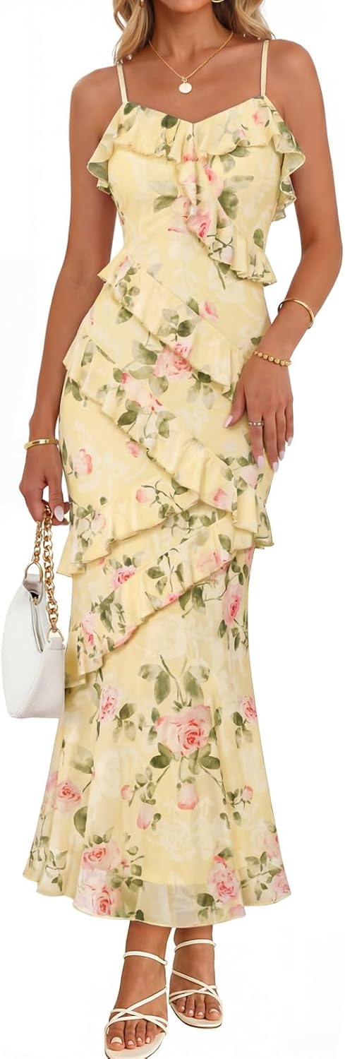 Summer Floral Wedding Guest Maxi Dress Women Vacation Formal Bodycon Spaghetti Strap Cocktail Party Long Dress