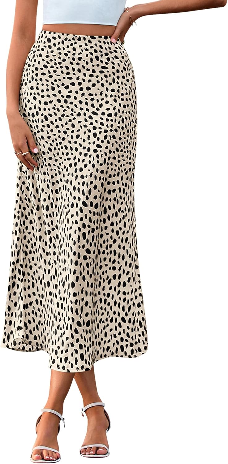 Satin Skirts for Women Trendy Spring Summer High Waisted Leopard Print Cocktail Wedding Long Silk Midi Skirt