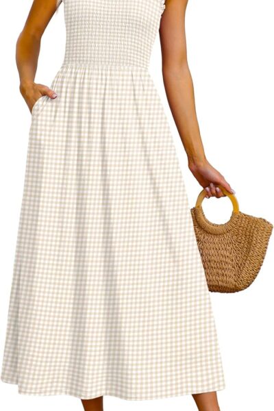 Women Spaghetti Strap Maxi Dresses Smocked with Pockets Summer Spring Casual Beach Long Sundresses