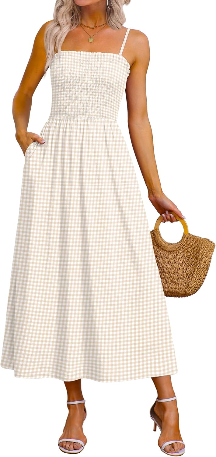 Women Spaghetti Strap Maxi Dresses Smocked with Pockets Summer Spring Casual Beach Long Sundresses