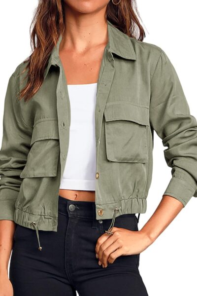 Women Military Safari Cropped Jackets Button Down Lightweight Oversized Utility Anorak Coat with Pockets