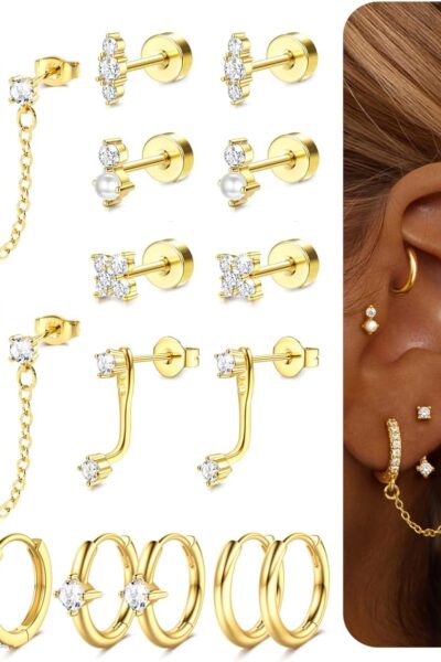 Hypoallergenic Flatback Stud Hoop 14K Gold Plated Earrings Stacks - Surcal Stainless Steel Earring Set Chain Cartilage Earrings - Small Ear Piercing Flat Back Earring for Women Trendy