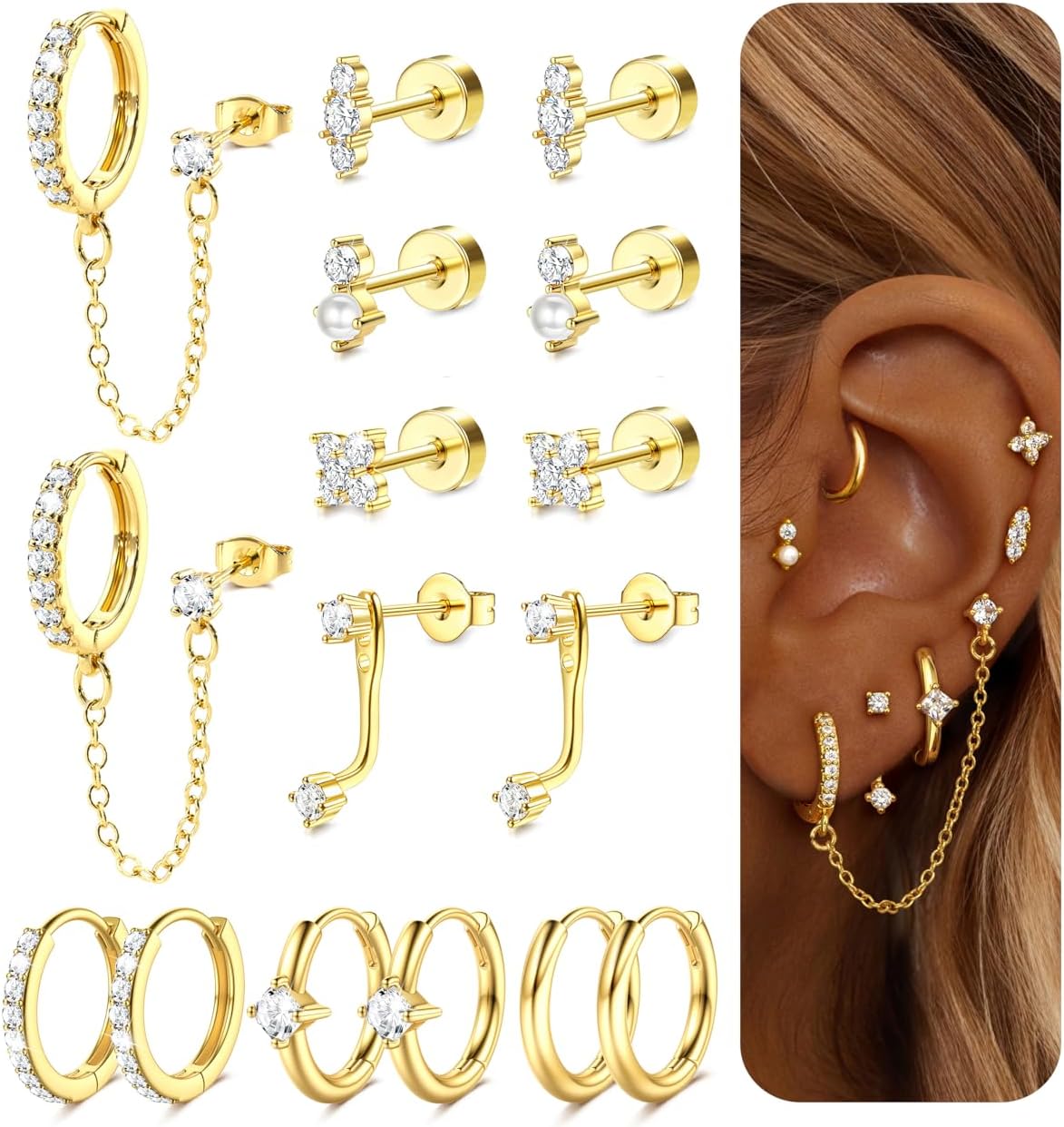 Hypoallergenic Flatback Stud Hoop 14K Gold Plated Earrings Stacks - Surcal Stainless Steel Earring Set Chain Cartilage Earrings - Small Ear Piercing Flat Back Earring for Women Trendy