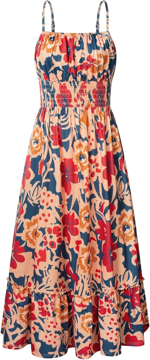 Summer Dresses for Women Vacation, Smocked Floral Maxi Dress, Beach Sundress with Pocket Fashion Clothing