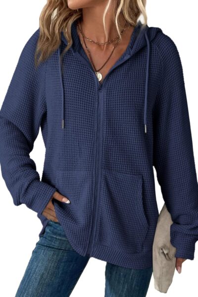Women Full Zip Up Hoodies Waffle Knit Long Sleeve Drawstring Casual Sweatshirt Hooded Tops