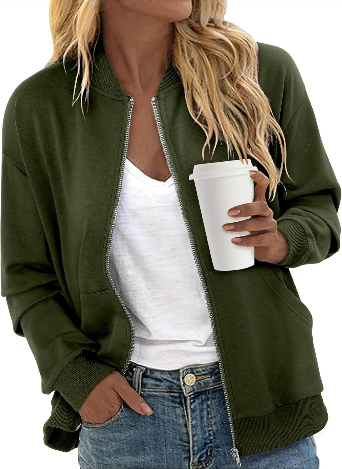 Women Zip Up Jacket Casual Long Sleeve Sweatshirts Fall Coat Outerwear Windbreaker with Pockets S-XXL