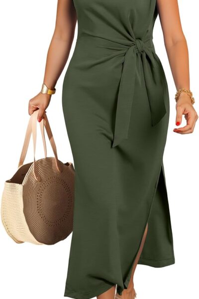 Women Summer Maxi Dress Casual Crew Neck Tie Waist Split Wrinkle-Free Fit Long Fashion Vacation Dresses Spring