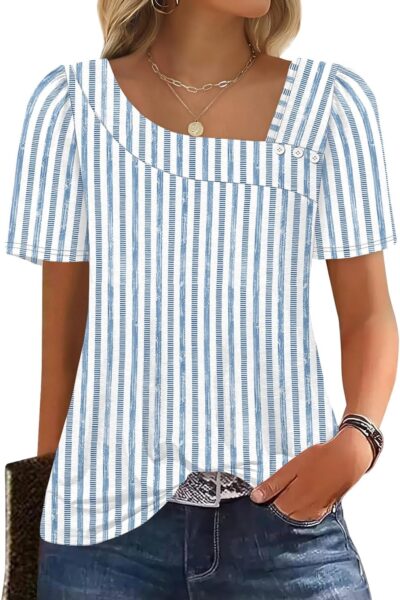 Women Summer Tops Short Sleeve Shirts Square Neck Spring Outfits Fashion Clothing Blouses