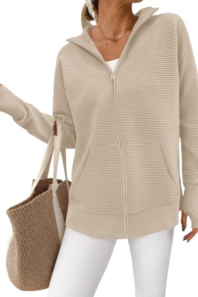 Women Spring Long Sleeve Zip Up Cardigan Sweaters Casual Loose Collared Ribbed Knit Tops Jackets Thumb Hole