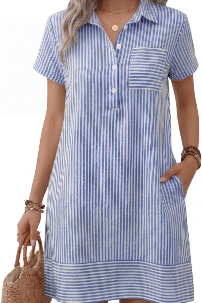 Women Summer Shirt Dresses Lightweight Breathable Short Sleeve Button Polo Collar T-shirt Dress Daily Beach Work Outfits Spring Fall Clothes