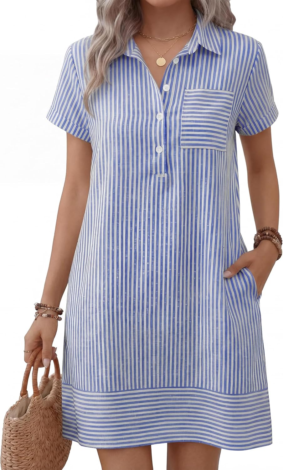 Women Summer Shirt Dresses Lightweight Breathable Short Sleeve Button Polo Collar T-shirt Dress Daily Beach Work Outfits Spring Fall Clothes