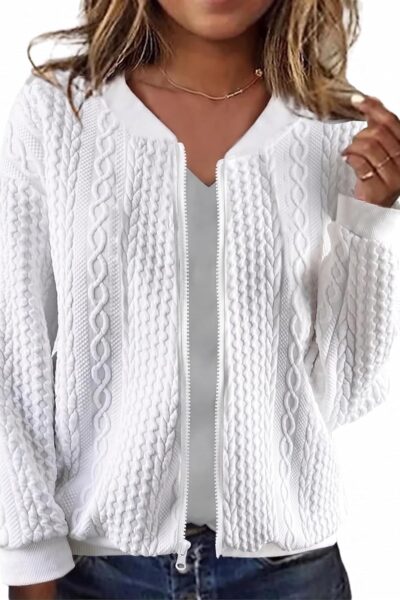 Women Zip Up Cardigan Sweater Cable Hoodies Long Sleeve Jacket Outfits Crewneck Casual Coat