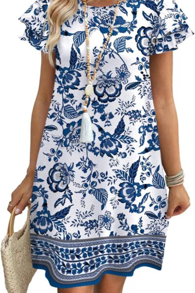 Women Summer Dresses Ruffle Sleeve Round Neck Loose Swing Sundresses with Pockets Plain/Print