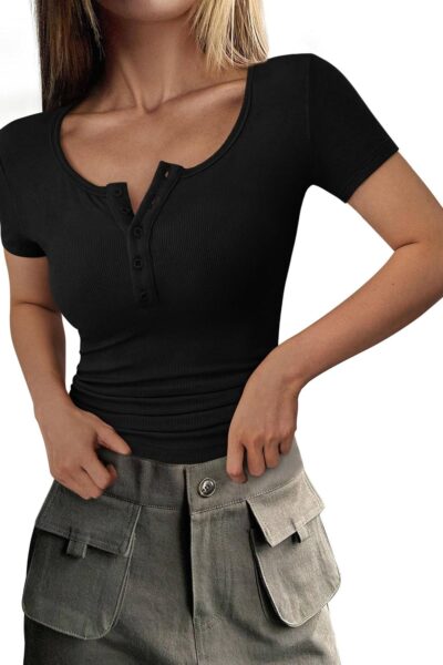 Women Summer Short Sleeve Tops Ribbed Henley Button Slim Fit Basic Casual T Shirts Blouse Fashion Clothing