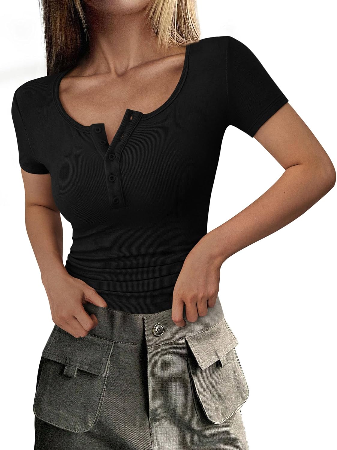 Women Summer Short Sleeve Tops Ribbed Henley Button Slim Fit Basic Casual T Shirts Blouse Fashion Clothing