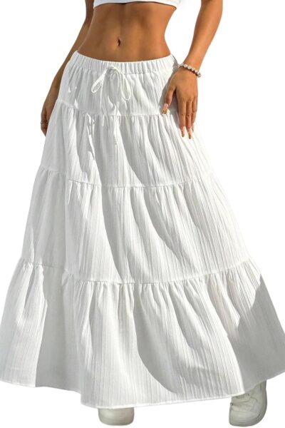 Women Flowy White Maxi Skirt Flared Ruffle Elastic Waist Summer A Line Spring Long Skirts