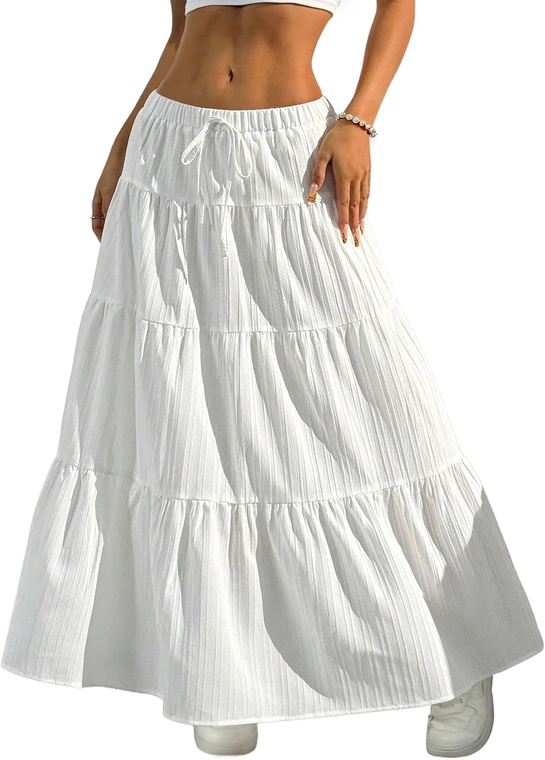 Women Flowy White Maxi Skirt Flared Ruffle Elastic Waist Summer A Line Spring Long Skirts