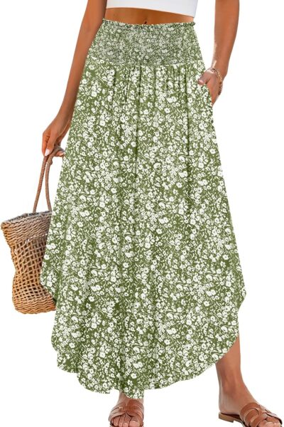 Women Maxi Skirts Summer Floral High Waisted Flowy Swing Pleated Beach Long Skirt with Pockets